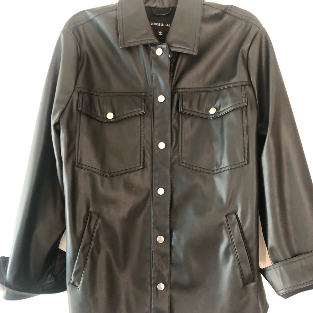 Faux leather shirt jacket.